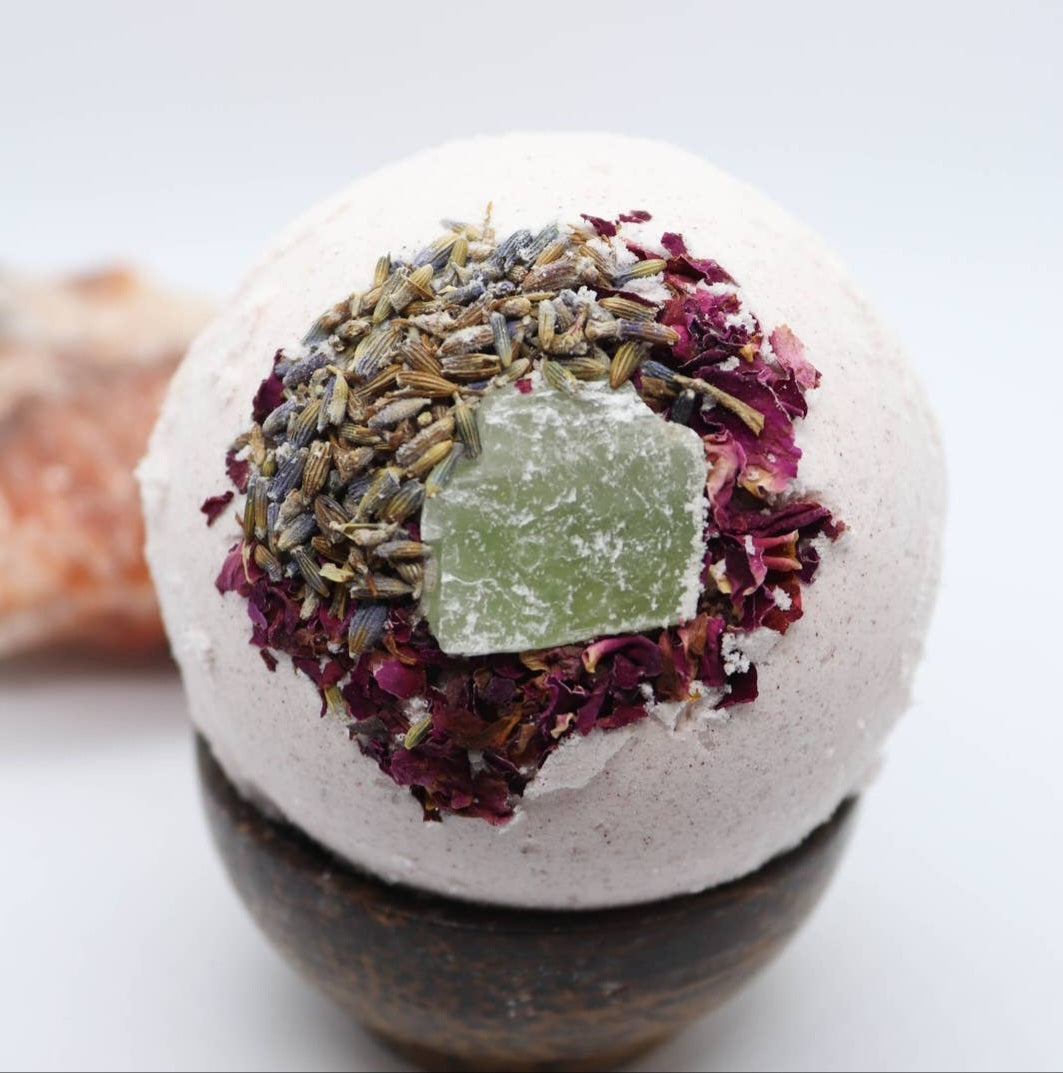 Lavender Rose Crystal Bath bomb with Raw Gemstone Lotus Lava